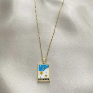 Yıldız Detay The Sun Tarot Kart Çelik Kolye Gold