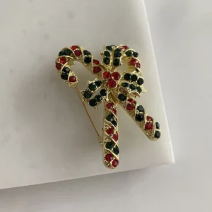 Kırmızı Yeşil Kristal Taşlı Baston Şeker Broş