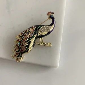 Renkli Kristal Taşlı Tavus Kuşu Broş