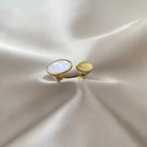 Beyaz - Gold Oval Plaka Çelik Yüzük