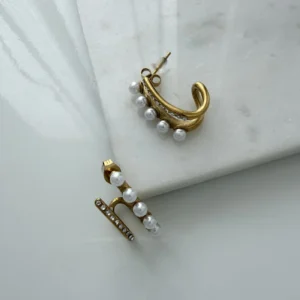 İkili Görünüm İnci Çelik Küpe Gold