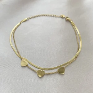 Kalp Plaka İnce İtalyan Çift Sıra Çelik Halhal Gold (14 K)