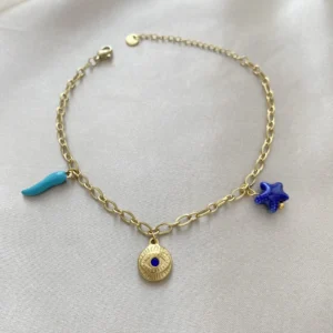 Mavi Cam Yıldız, Göz Detay Charm Detay Çelik Ataç Halhal Gold (14 K)