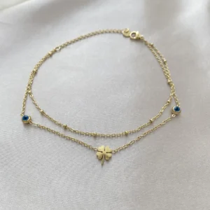 Minimal Yonca Ve Nazar Detay Çift Sıra Çelik Halhal Gold (14 K)