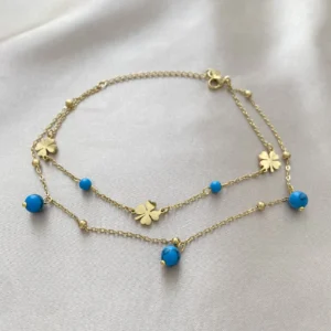 Yonca Turkuaz Taş Detay Detay Çift Sıra Çelik Halhal Gold (14 K)