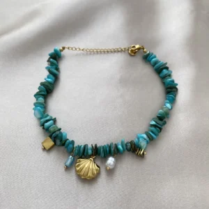 Turkuaz Doğal Taşlı Deniz Figürlü Çelik Halhal Gold