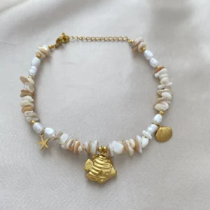 Bej Doğal Taşlı Deniz Figürlü Çelik Halhal Gold