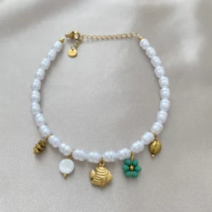 Charm Detay Barok İncili Çelik Halhal Gold