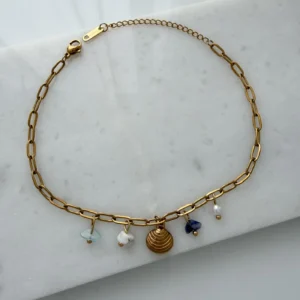 Midye ve Doğal Taş Detay Ataç Zincir Çelik Halhal Gold