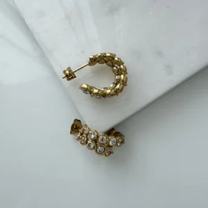 Daire Taşlı İkili Görünüm Çelik Halka Küpe Gold