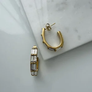 Baget Taşlı Oval Halka Çelik Küpe Gold